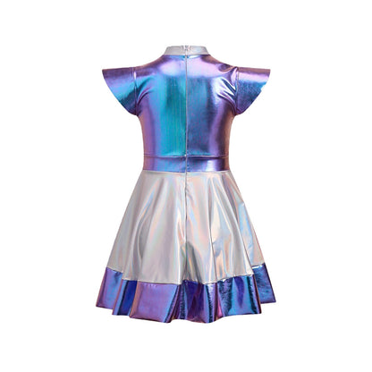 Toddler Baby Girls Alien Costume Dress Kids Shiny Metallic Space Themed Party Dress with Headband Glasses for Halloween Cosplay