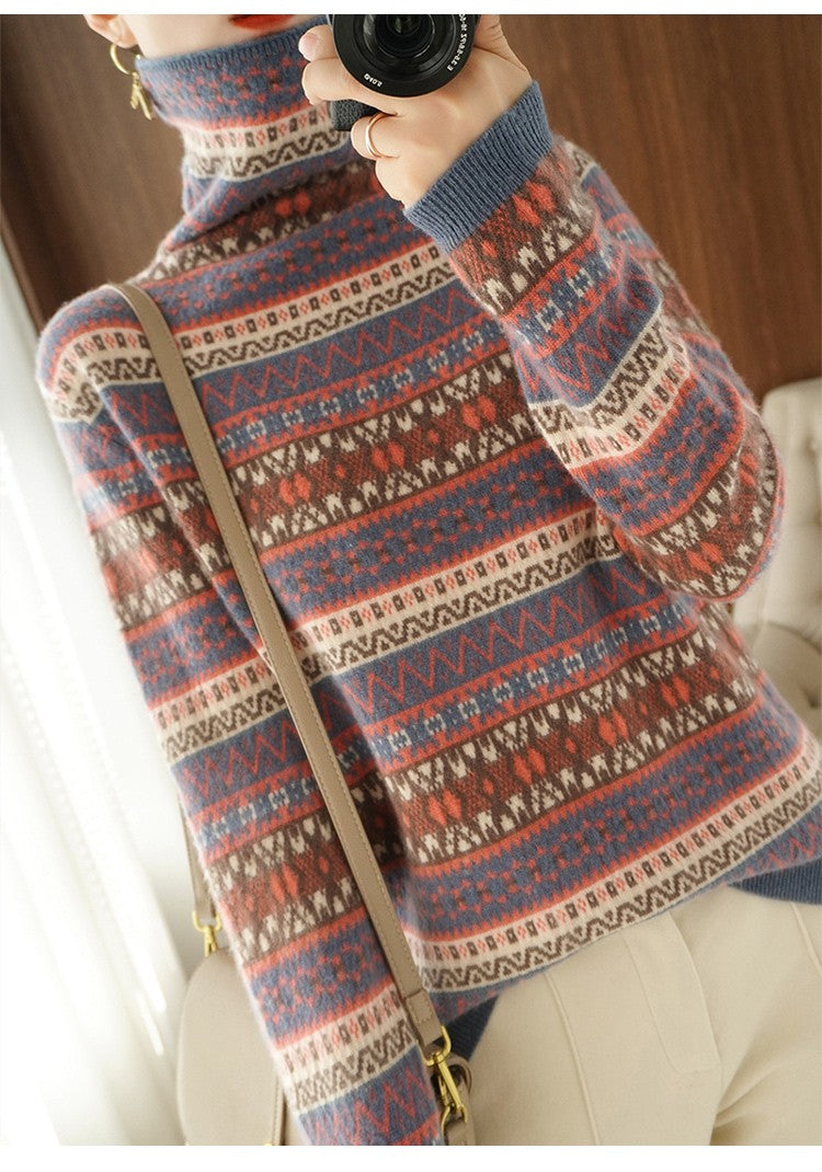 Autumn and Winter New 100% Wool Cashmere Sweater Women's High Neck Pullover Casual Knitted Loose Korean Fashion Color Block Top