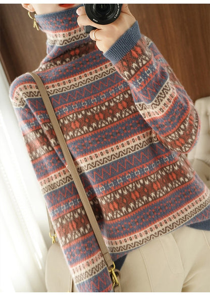 Autumn and Winter New 100% Wool Cashmere Sweater Women's High Neck Pullover Casual Knitted Loose Korean Fashion Color Block Top