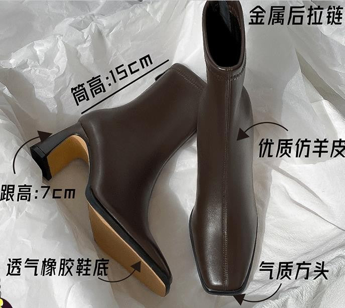 Square Ankle Boots Autumn Comfortable Soft Leather High Heel Boots Women's Fashion Zipper Simple Temperament Women's Shoes