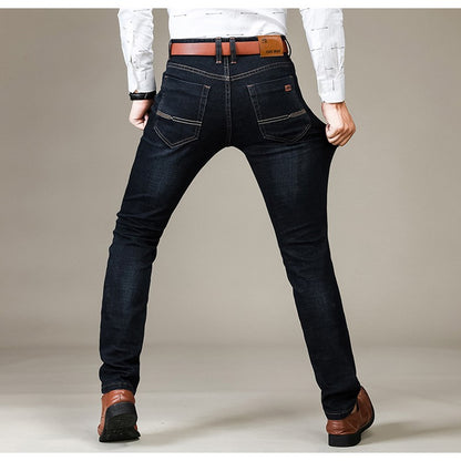 Autumn Classic Men's Fitted Stretch Jeans Business Casual Cotton Denim Straight Leg Pants Male Black Blue Trousers