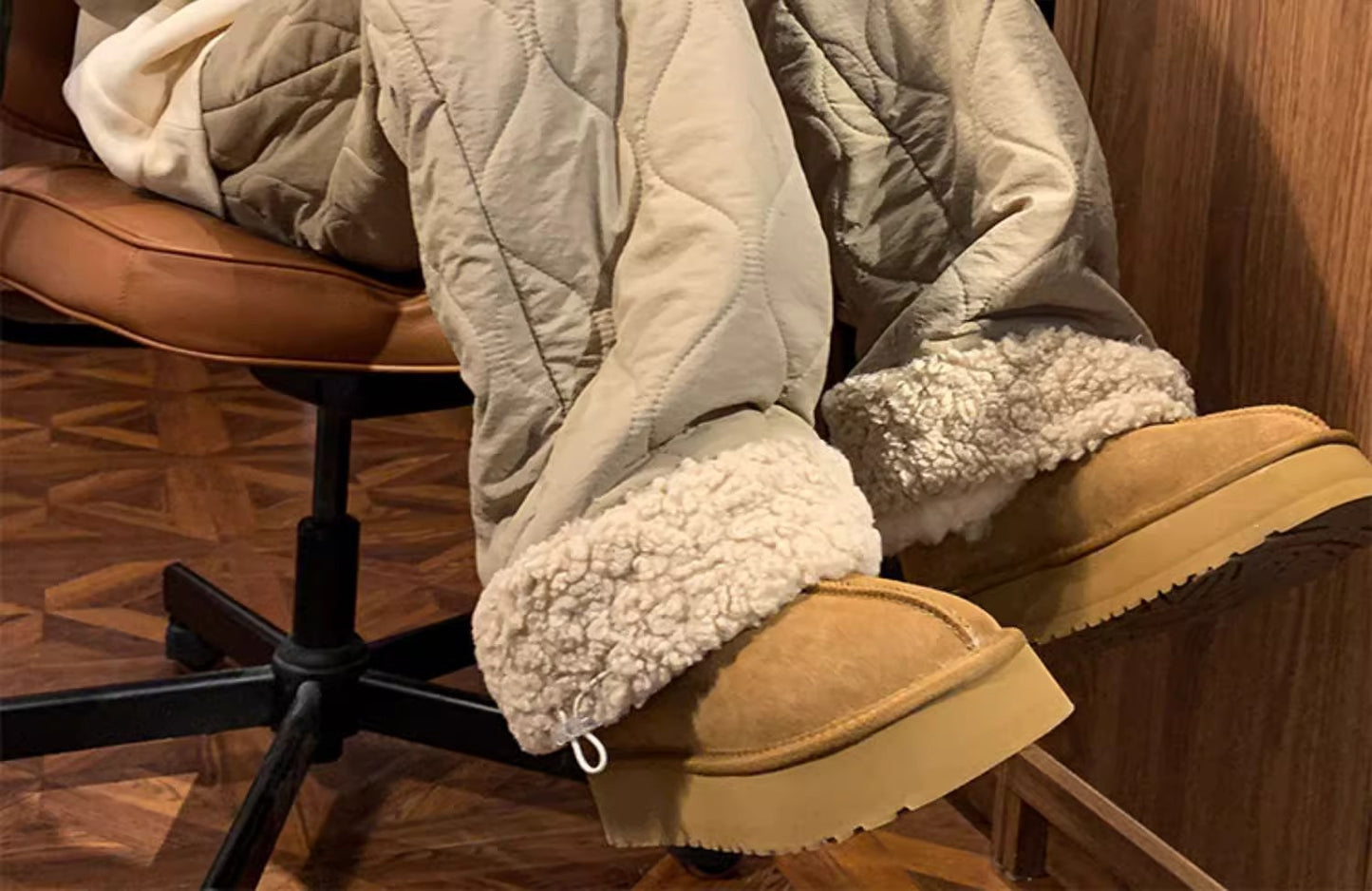 Heavy Winter Cotton Waterproof Splicing Lamb Fleece Cotton Pants for Men and Women, Solid Color Diamond Grid Embroidered Clip Co