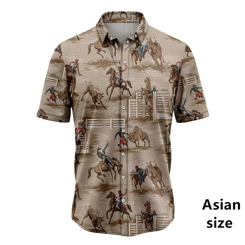 Retro Western Cowboy Pattern Shirt Man 3d Printed Casual Hawaiian Short Sleeve Tops Y2K Funny Graphic Plus Size Button Up Blouse