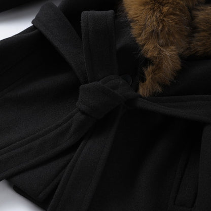 Elegant Faux Fur Lace Up Woolen Coat Women Shawl Collar Belted Waist Full Sleeve Coats Female Autumn Winter Fashion Lady Outwear