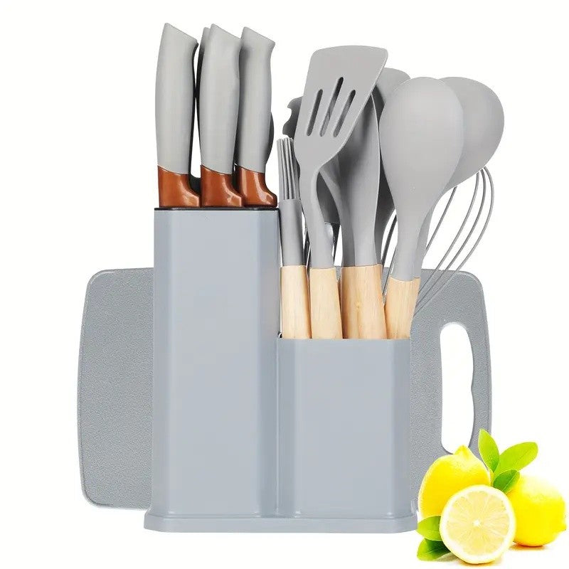 Conjunto de facas de cozinha multifuncional de 19 peças com tesoura e tábua de corte