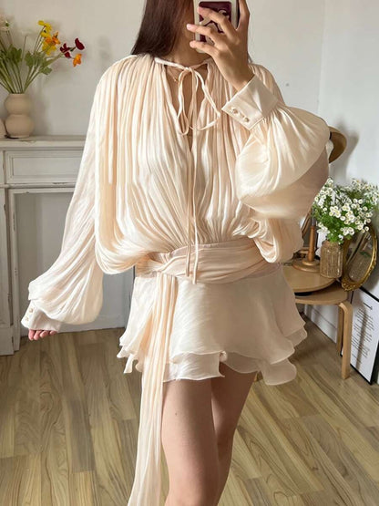 TWOTWINSTYLE Solid Blouse Mini Dresses For Women V Neck Long Sleeve Spliced Lace