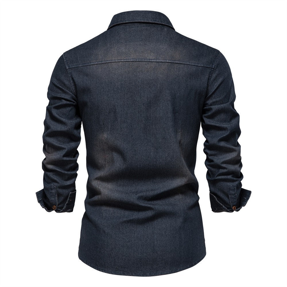 Elastic Cotton Denim Shirt High Quality Men Long Sleeve Solid Color Pocket Shirts for Men Casual Slim Fit Mens Designer Clothing