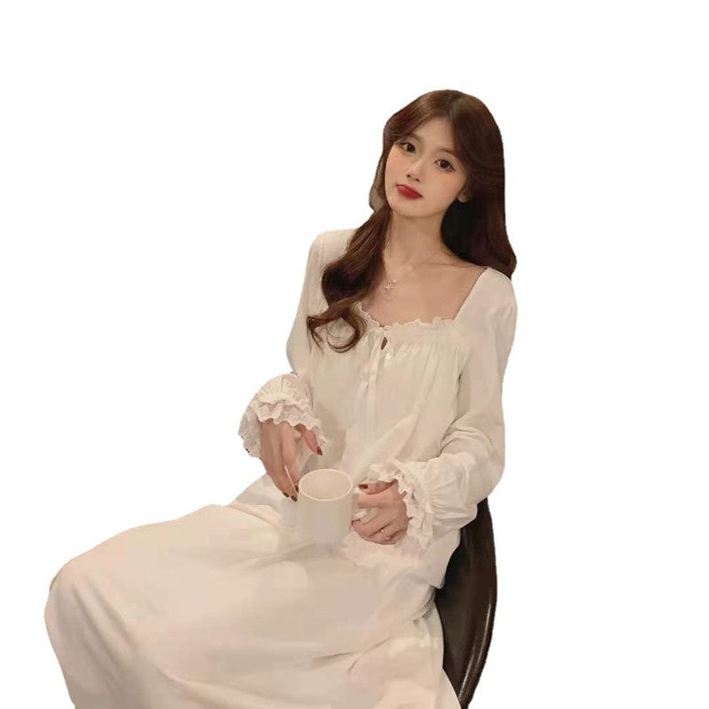 Sweet Princess Style Pajamas Solid Color Fashion Long-Sleeved Soft Home Wear Women's Retro Leisure Dress Lace Ruffled Nightgowns