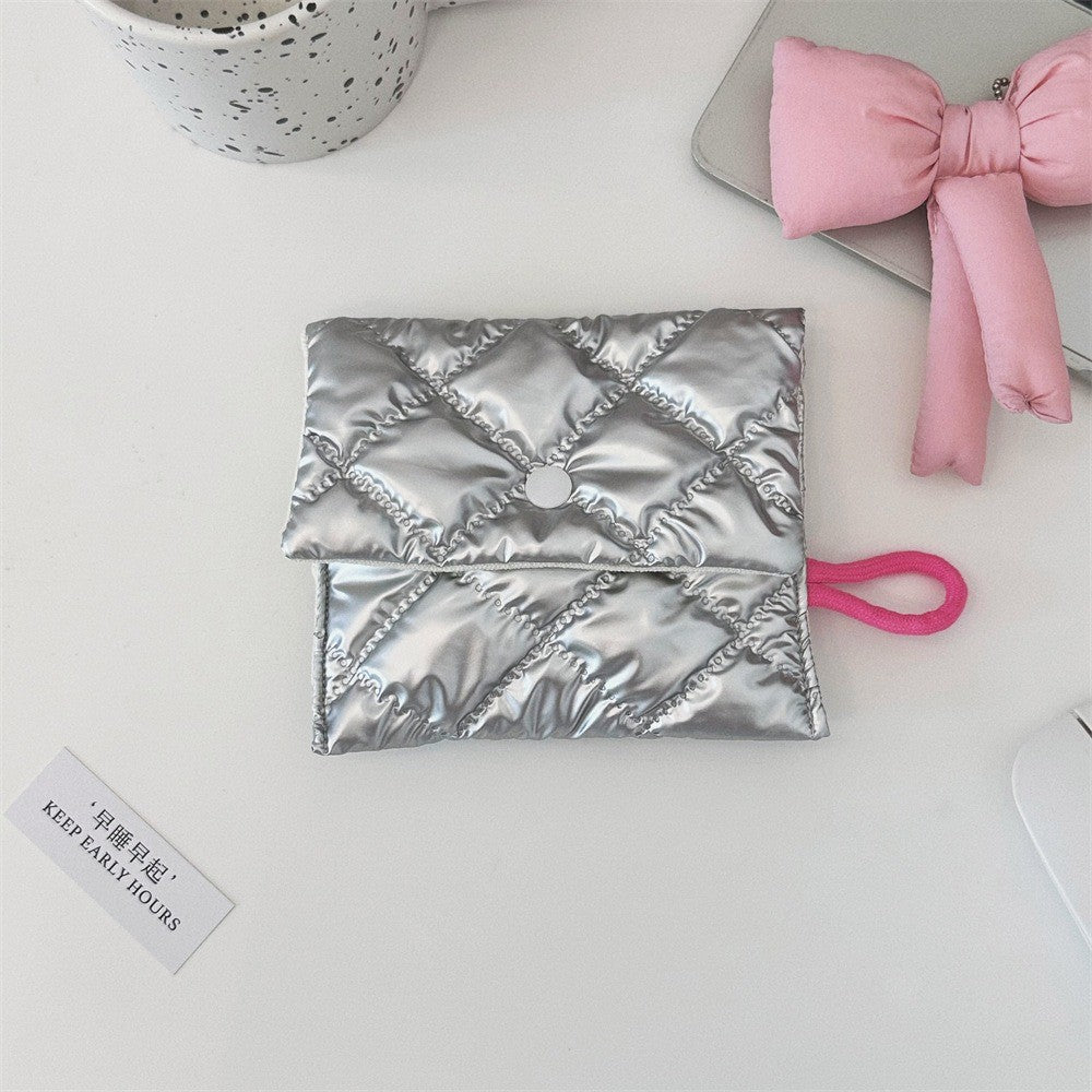 INS Style Silver Sanitary Mat Bag Zipper Button Change Purse Coins Keys Wallet Love Bow Credit Card Holder Cosmetics Napkin