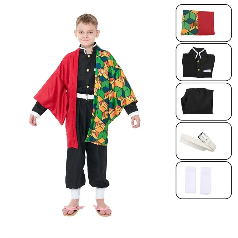 Kids Demon Slayer Corps Kimetsu No Yaiba Cosplay Costume - Kamado Tanjirou Uniform with Anime Cloak Agatsuma Zenitsu Dress-Up Ou