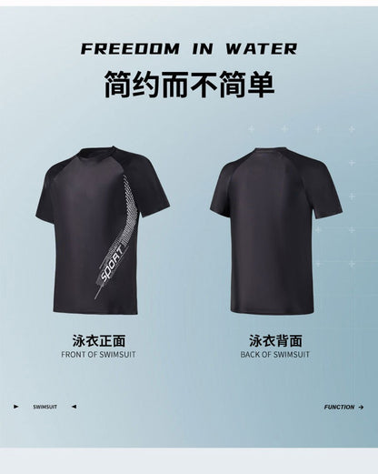 Men Swimsuit O-Neck Short Sleeve Mid-rise Swimming Suit Printing Slim Fit T-shirt Swimming Trucks Set Beachwear