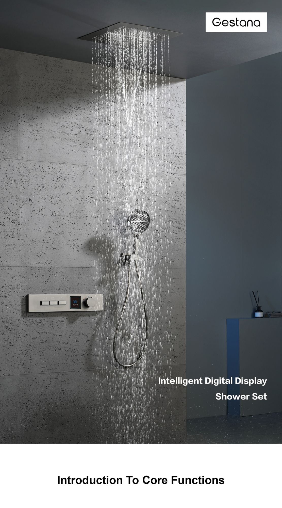 Sistema de chuveiro de latão Gunmetal luxuoso para banheiro com display de temperatura LED embutido no teto, 2 funções (chuva/cascata)