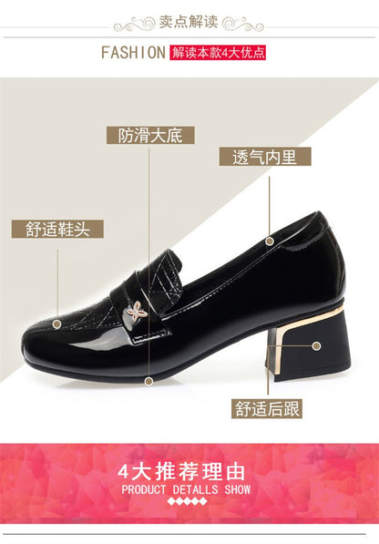 4.5cm British Style Deep Mouth Block Heels Shoes Women Loafers Bright Leather 2024 Spring Soft Leather Shoes for Office Mom
