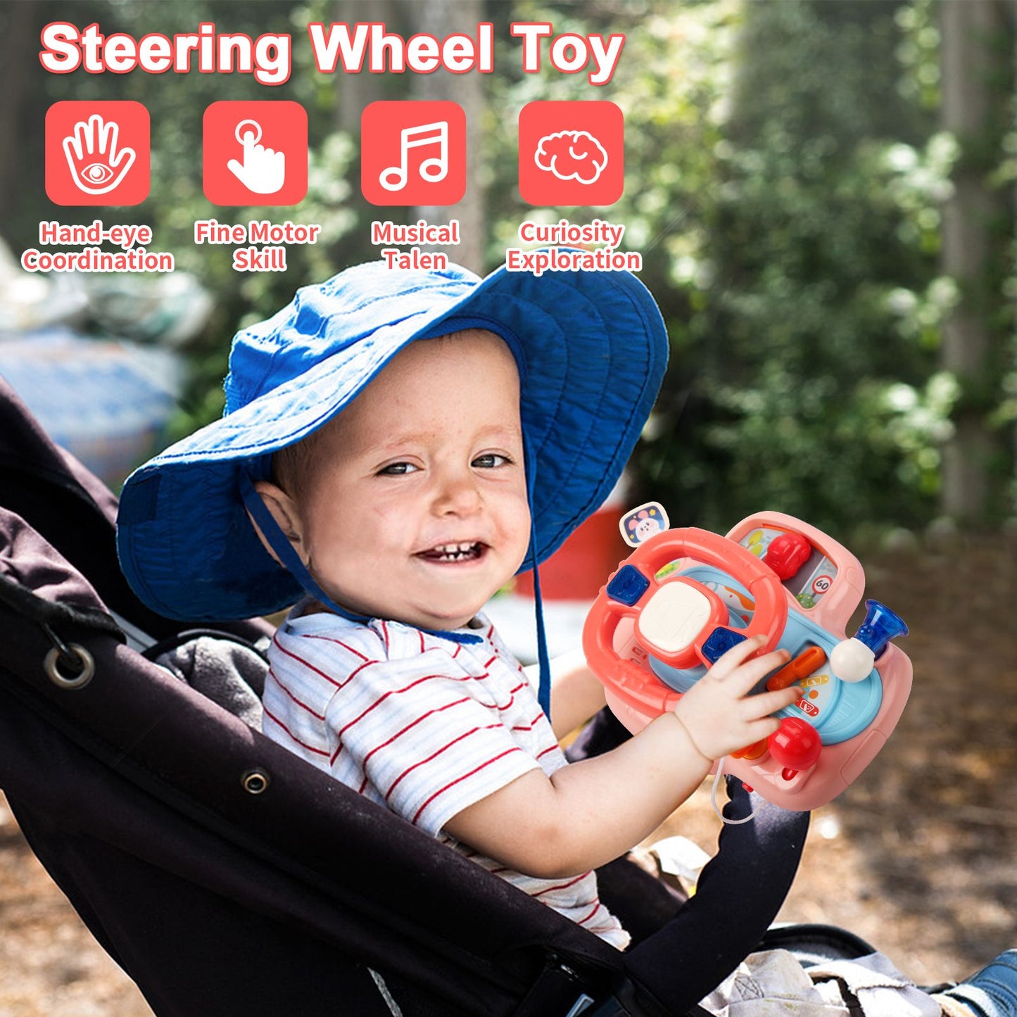 Baby Electric Steering Wheel Simulation Driving Vocal Toys for Car Seats and Stroller Educational Toys for 0-36 Months Toddlers