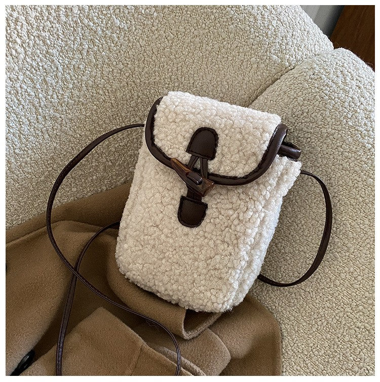 Fashion Winter Lambswool Phone Bag Sweet Lovely Portable Women Wallets Square Purse Faux Fur Plush Shoulder Bags Purses Handbags