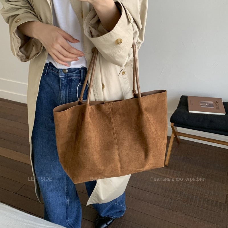LEFTSIDE Women Faux Suede Shoulder Bag 2025 Winter Retro Soft Tote Bag Luxury Designer Trend Female High Capacity Handbags