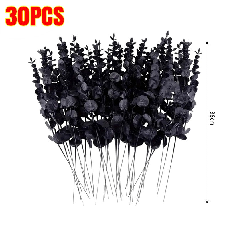 50/10x Black Artificial Eucalyptus Branches Simulation Flowers Stems Halloween Thanksgiving Ornaments DIY Home Table Decoration
