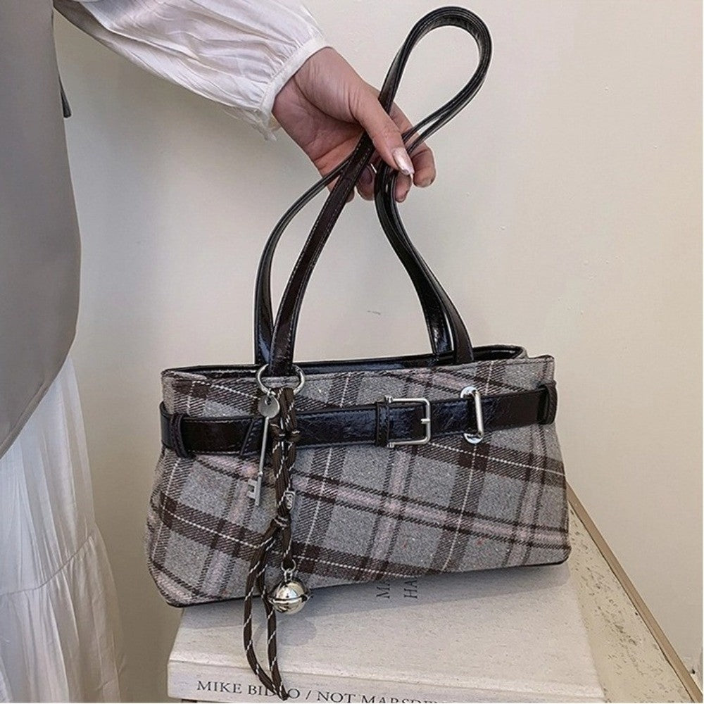 New Handbag Boho Shoulder Bag Bell Pendant Lightweight Tote Bag Plaid Women's Bag Women