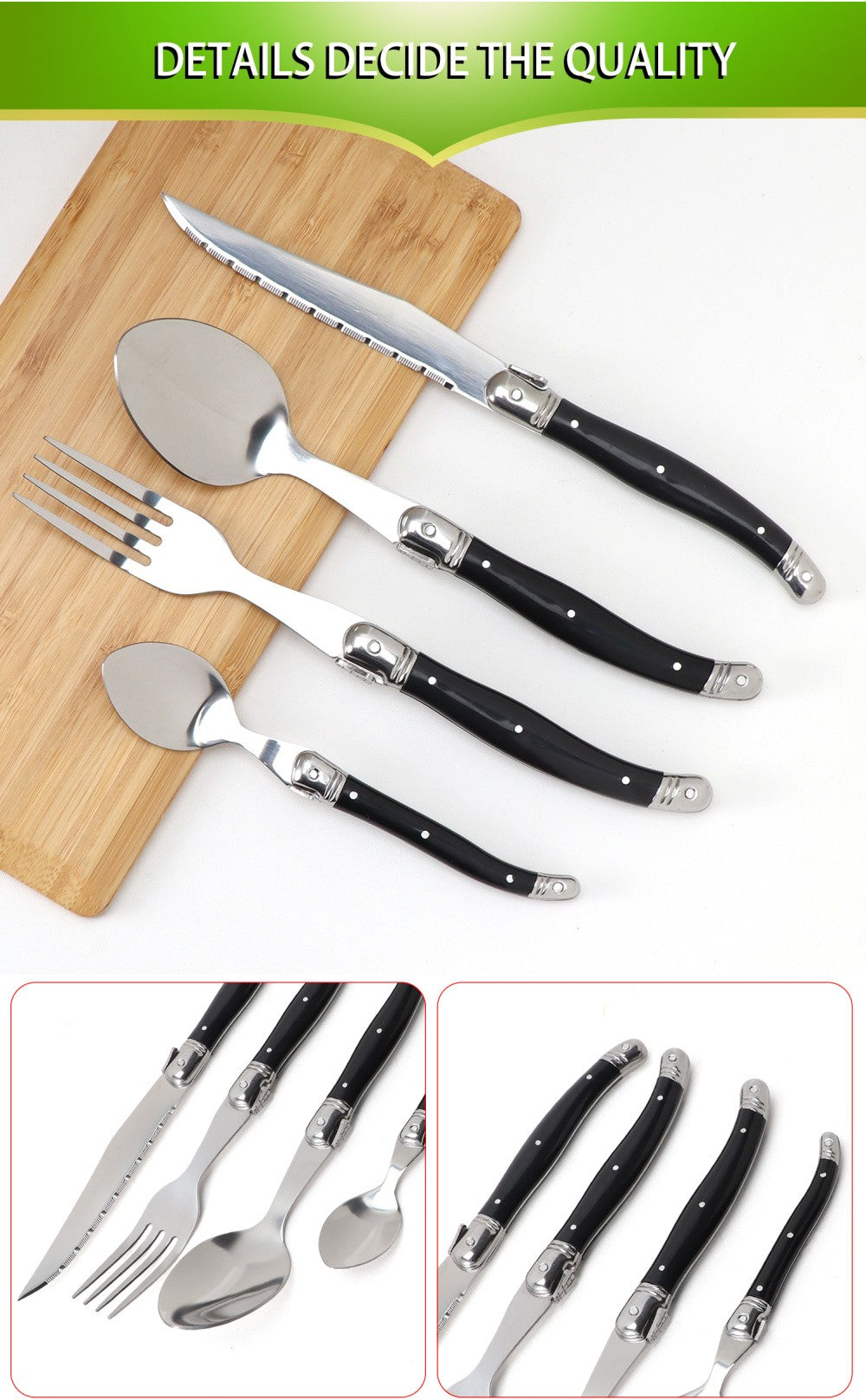 Jaswehome 24 peças Talheres Laguiole com Cabo Preto Conjunto de Facas de Bife Elegante Kit de Talheres Profissional