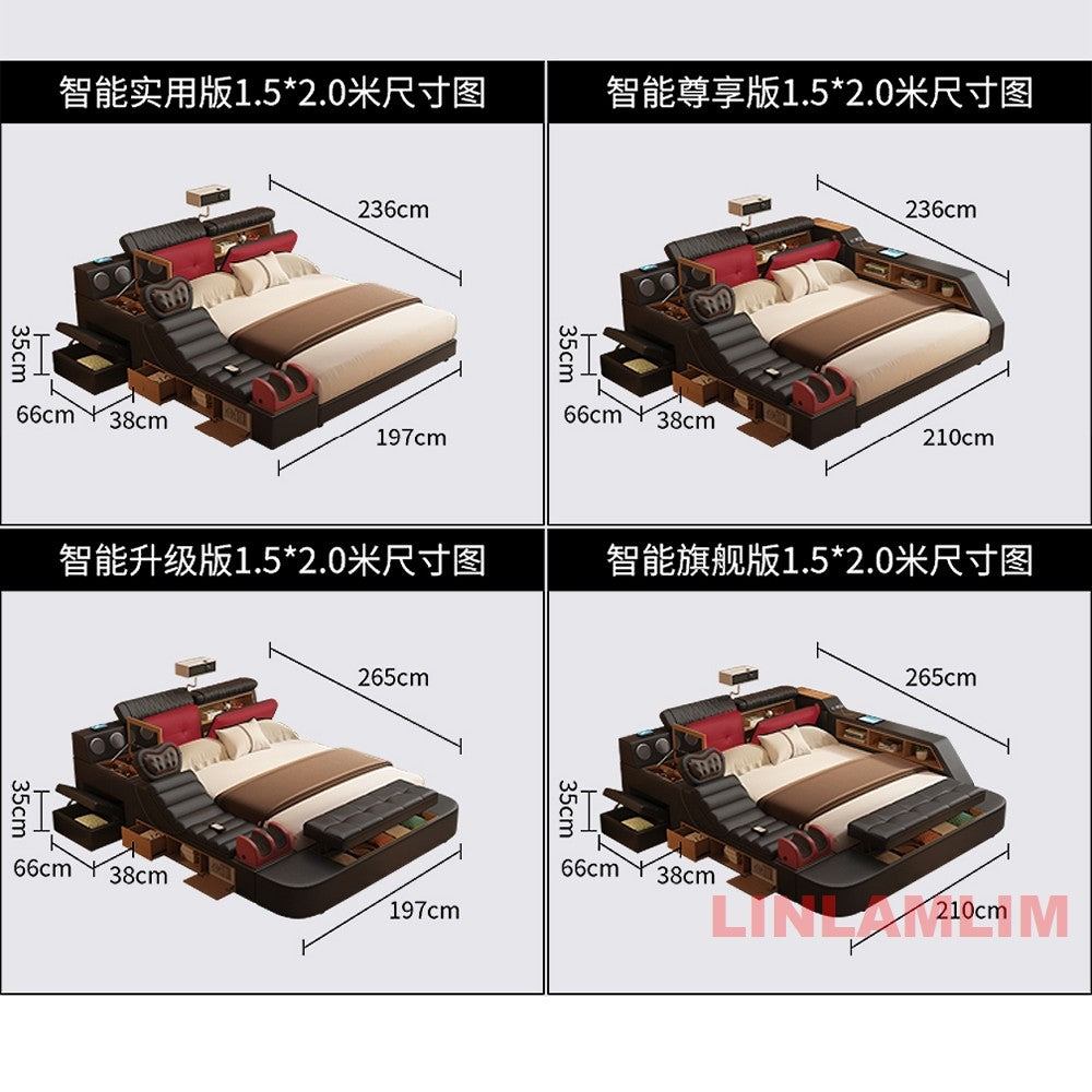 Luxury Tech Smart Multifunctional Bed with Massage Chair, Bluetooth Speakers, Projector, USB – Modern Upholstered King Size Bed