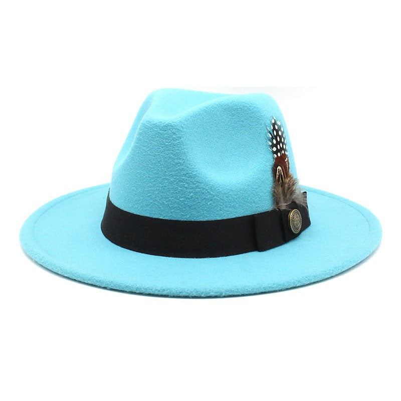 White Woolen Gentleman Classic British Jazz Feather Top Hat Wide Brim Party Church Wedding Fedora Hats Men Women Panama Felt Cap