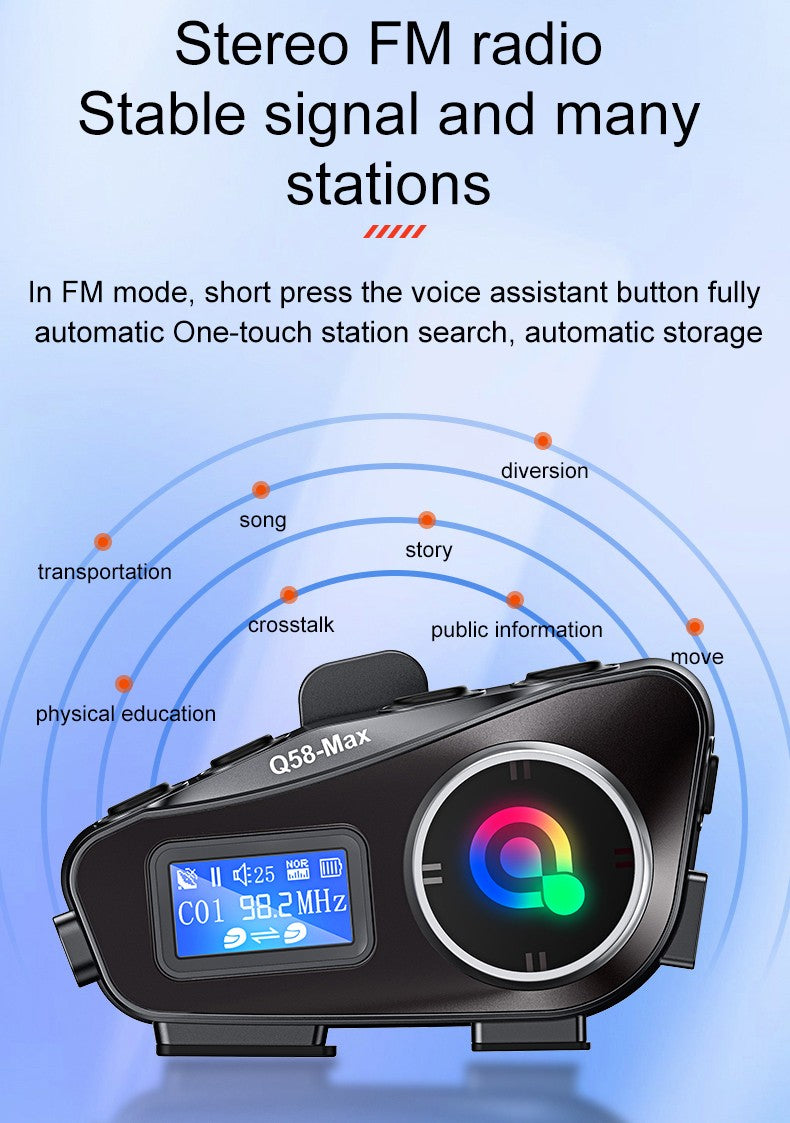 Capacete de motocicleta Q58 Max Bluetooth Intercom IP65 à prova d'água Distância de intercomunicação de 500 metros Compartilhamento de música mista em várias cenas