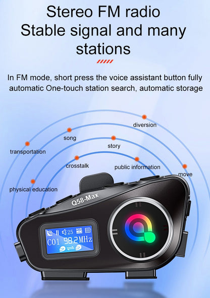 Capacete de motocicleta Q58 Max Bluetooth Intercom IP65 à prova d'água Distância de intercomunicação de 500 metros Compartilhamento de música mista em várias cenas
