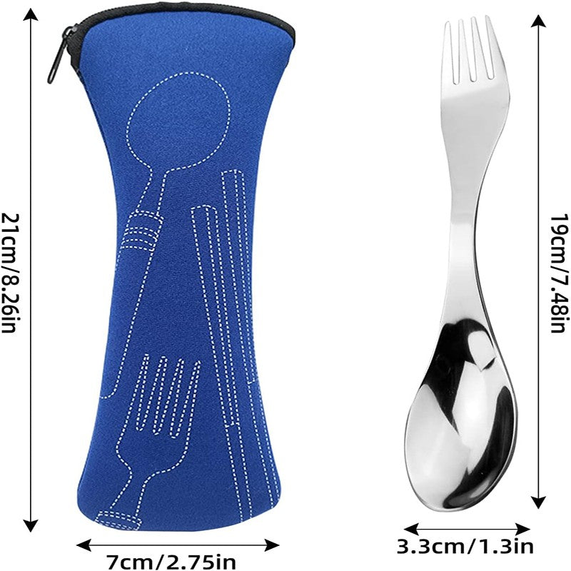 2 Peças Garfo-Colher de Aço Inoxidável 2 em 1 com Bolsa para Talheres Garfo-Colher Portátil para Acampamento Garfo-Colher Reutilizável Kit de Utensílios de Cozinha