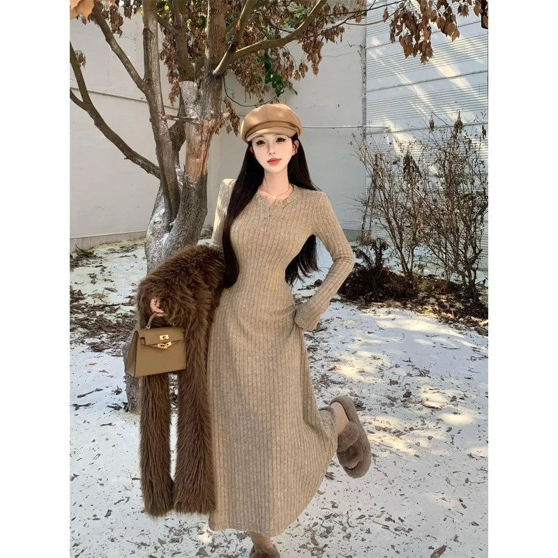 Long Sleeve Dresses Women Solid Slim Basic Mid-length All-match Elegant Autumn Winter Vestidos Female Defined Waist Knitting New