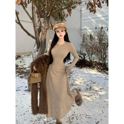 Long Sleeve Dresses Women Solid Slim Basic Mid-length All-match Elegant Autumn Winter Vestidos Female Defined Waist Knitting New