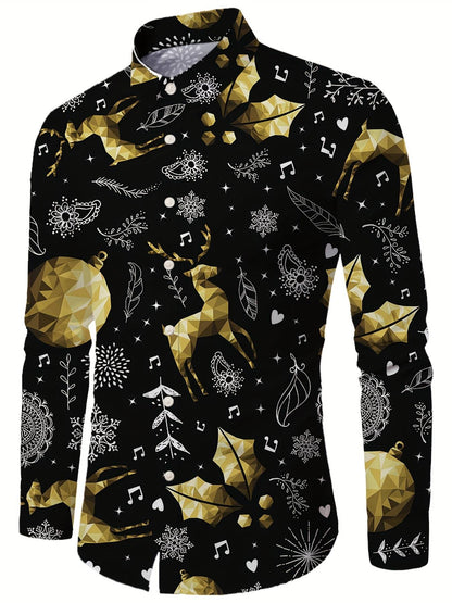 Christmas Theme Men's Gift Elk Graphic Printed Formal Shirts Christmas Graphics Long Sleeve Shirt Fashion Men's Shirts For Men