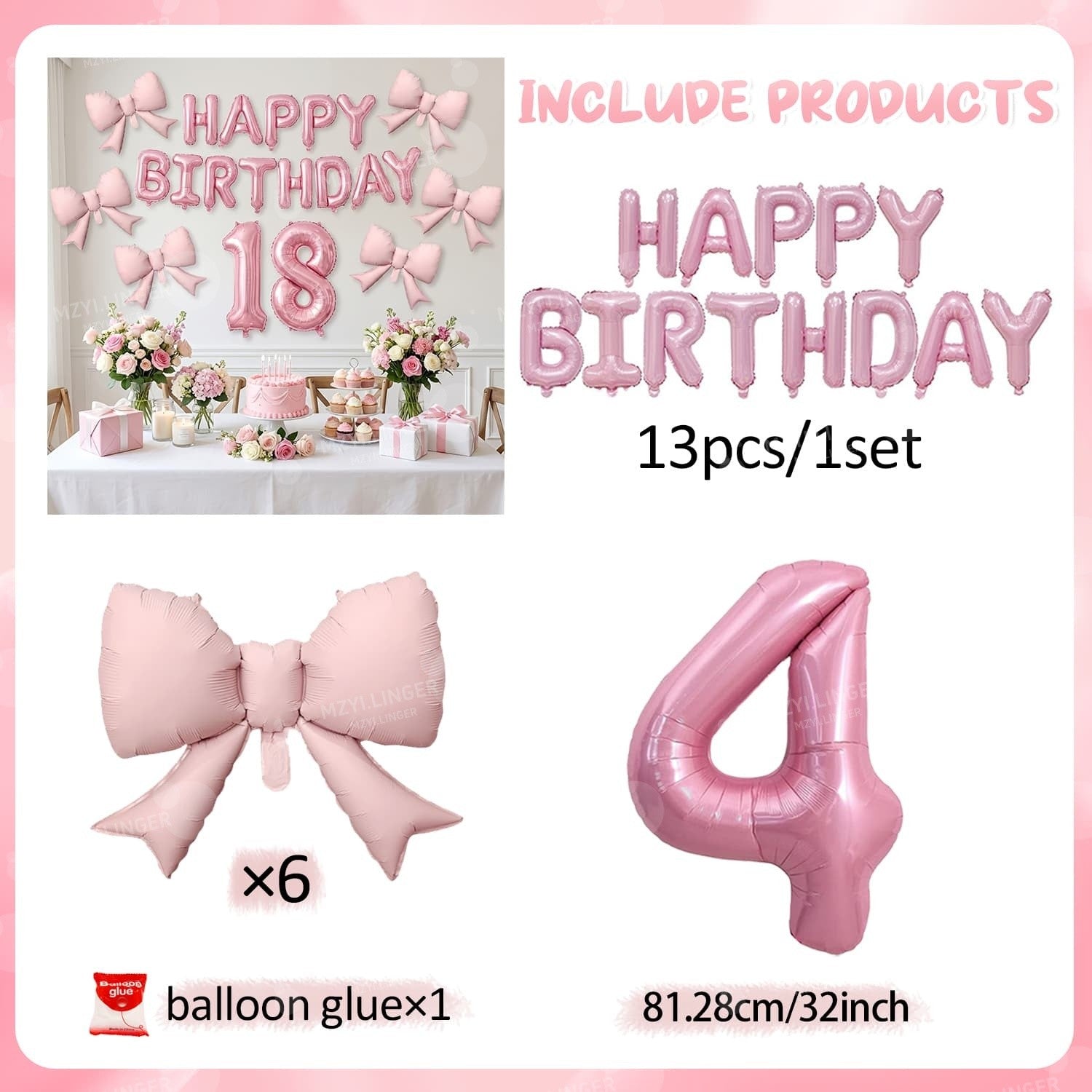 Pink Bow Birthday Balloon Happy Birthday Letter Balloon Used for Wedding, Valentine's Day, Birthday, Proposal Decoration Decor
