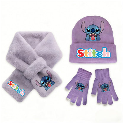 Conjunto de 3 peças de chapéu, cachecol e luvas de malha de inverno Stitch Disney Kawaii quente para meninas Acessórios casuais de moda infantil presente de Natal perfeito