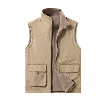 Colete de Pesca Masculino de Veludo Outono e Primavera Novo, Casaco de Veludo para Homem, Colete de Trabalho Solto e Moderno com Vários Bolsos para Homens de Meia-Idade