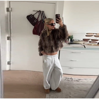 Warm Women's Hooded Faux Fur Cropped Coats Loose V-neck Full Sleeve Thicken Jacket Female 2025 Autumn Winter Lady Luxury Outwear