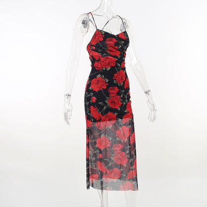 Flowers Print Spaghetti Strap Dresses Women Temperament Package Hip Bodycon Long