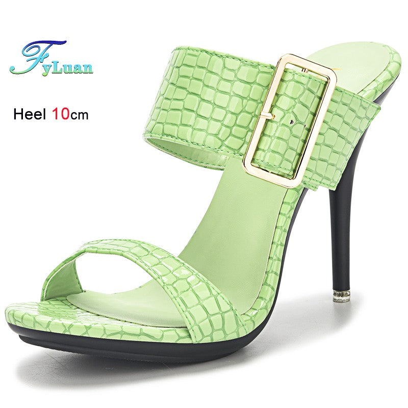 New Summer Buckle Strap Outside Women Slipper  Open Toe High Heeled 10CM Women's Sandals Thin Heels Neutral Slippers Party Pumps