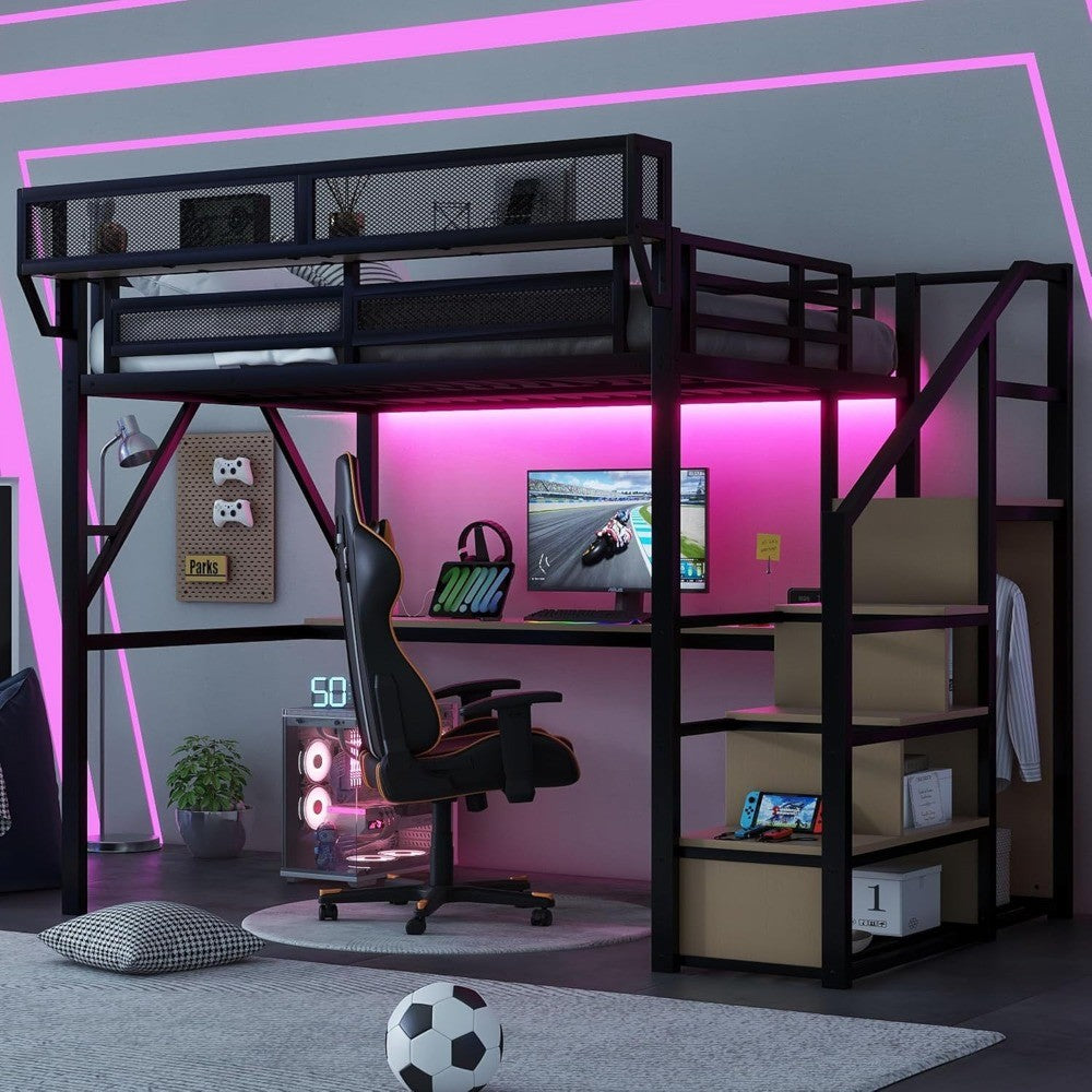 Cama Alta Gamer com Escadas e Escrivaninha, Estrutura de Cama Alta de Metal com Prateleira Lateral e Luz, Camas Altas para Adultos Reforçadas