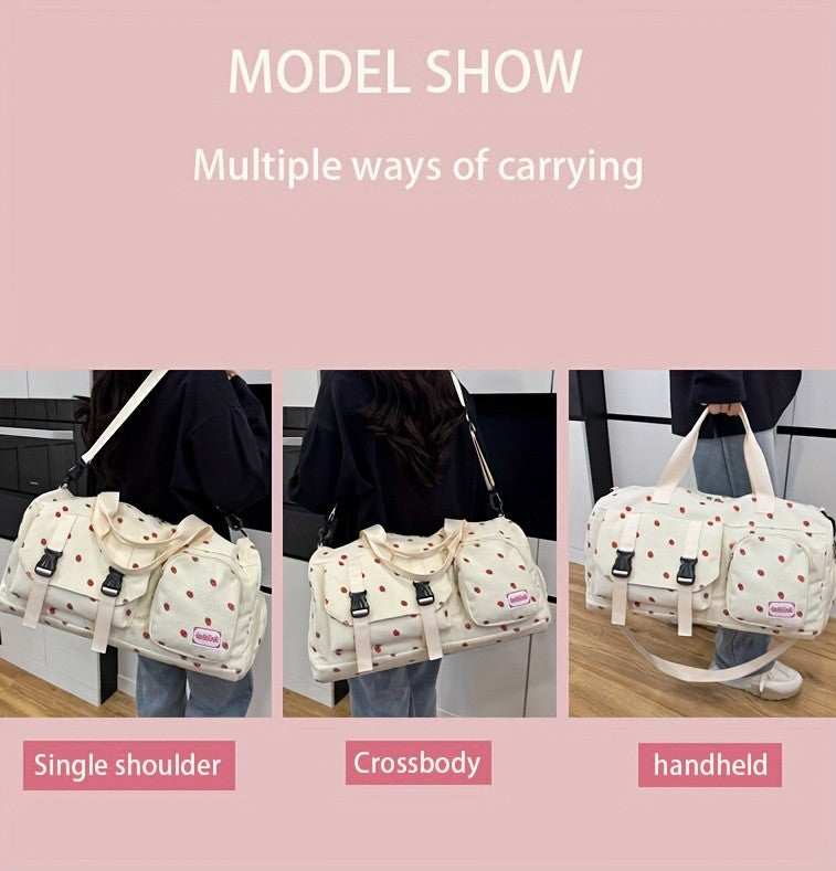 Large Capacity Travel Duffel Bag with Strawberry Pattern, Wet/Dry Separation, Independent Shoe Compartment & Multiple Pockets