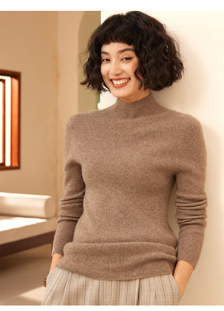 Autumn and winter new women's 100% pure cashmere semi high neck pullover sweater knitted slim fit hot selling women's top