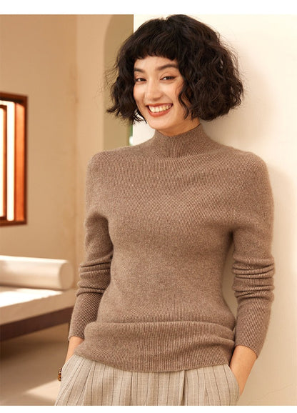 Autumn and winter new women's 100% pure cashmere semi high neck pullover sweater knitted slim fit hot selling women's top