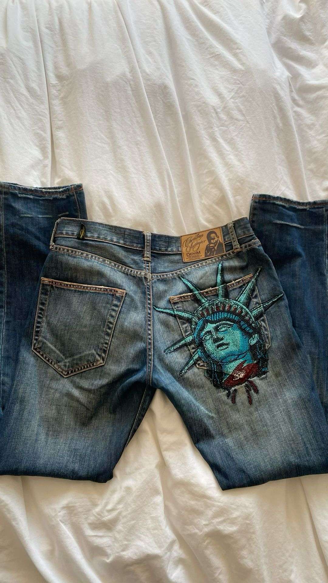 Y2k 2000s Statue of liberty Diamonds Jeans Casual Denim Pants High Waist Straight Wide Leg Jeans Harajuku Vintage Women Clothing