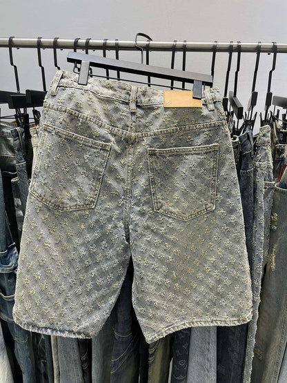 New Summer Men Distressed Short Jeans Vintage Jacquard Straight Leg Men's Denim Shorts Pants