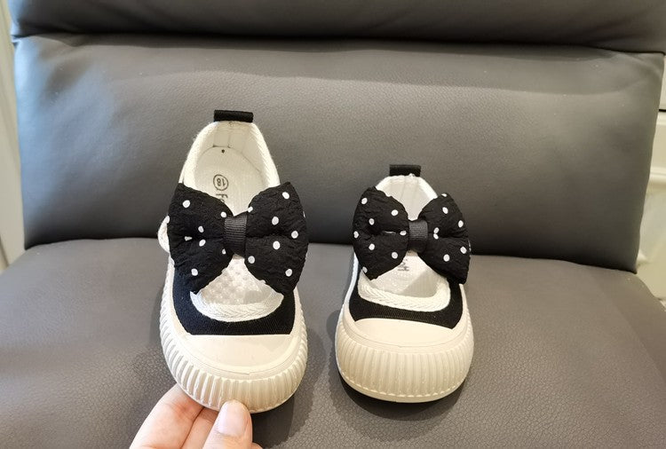 Girls Fashion Shoes Canvas Sneaker Kids Polka Dot Bow Princess Flats Breathable Baby Shoes Student Soft Sole Casual Spring Shoes