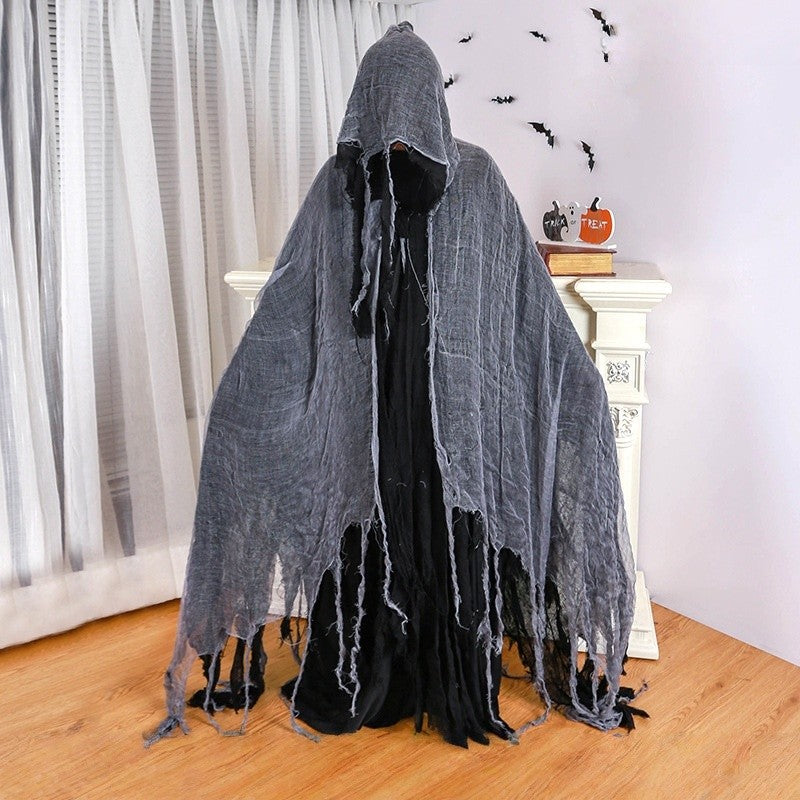 Horror Grim Reaper Cosplay Set Fringed Worn Hooded Cloak Disassemble Skull Scythe Prop For Halloween Party Dress Up