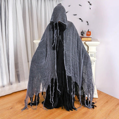 Horror Grim Reaper Cosplay Set Fringed Worn Hooded Cloak Disassemble Skull Scythe Prop For Halloween Party Dress Up