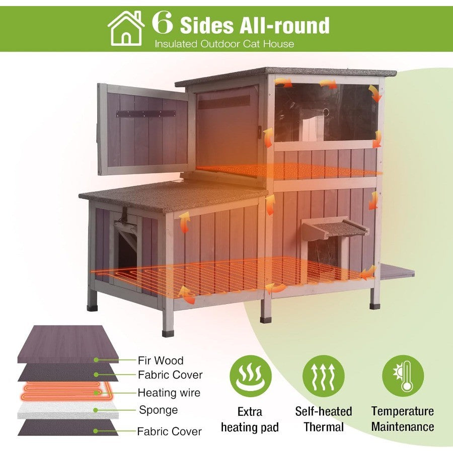 Casa de Gato Aquecida Extra Grande, Casa de Gato Isolada para Exterior, Abrigo para Gatos Selvagens à Prova de Intempéries com 2 Seções e Almofada de Aquecimento Segura, 6 Lados