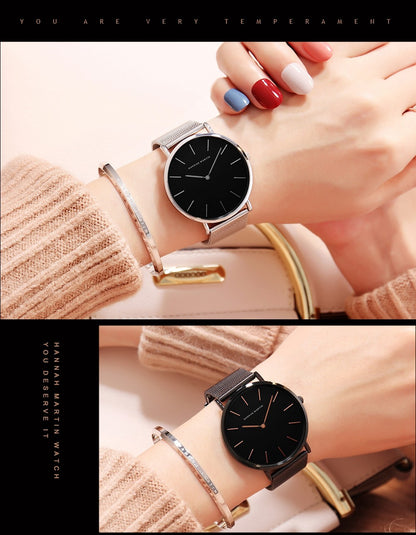 Hannah Martin Women Watch Japan Quartz Movement Simple Waterproof Rose Gold Stainless Steel Mesh Ladies watch relogio feminino