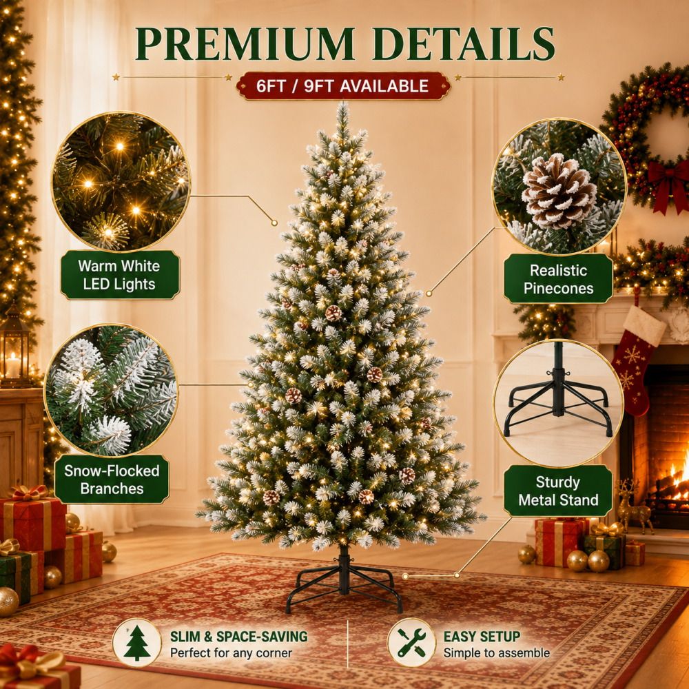 Pre-Lit Flocked Artificial Christmas Tree 6‘/9’ with Warm White LED Lights, Realistic Pine Branches, Snow Covered Xmas Tree, Slim Space Saving Design, Sturdy Metal Stand, Indoor Outdoor Holiday Decoration