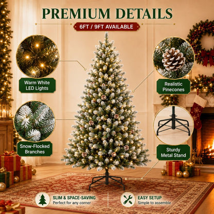 Pre-Lit Flocked Artificial Christmas Tree 6‘/9’ with Warm White LED Lights, Realistic Pine Branches, Snow Covered Xmas Tree, Slim Space Saving Design, Sturdy Metal Stand, Indoor Outdoor Holiday Decoration
